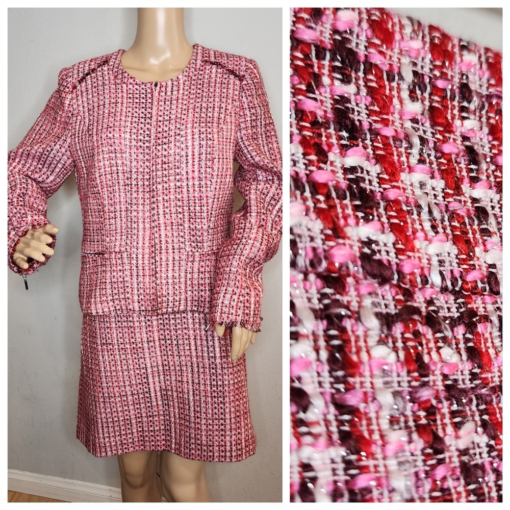 WHBM Pink Tweed 2-Piece Blazer Skirt Size 10 & 12 Silver Thread Faux Wool Vegan